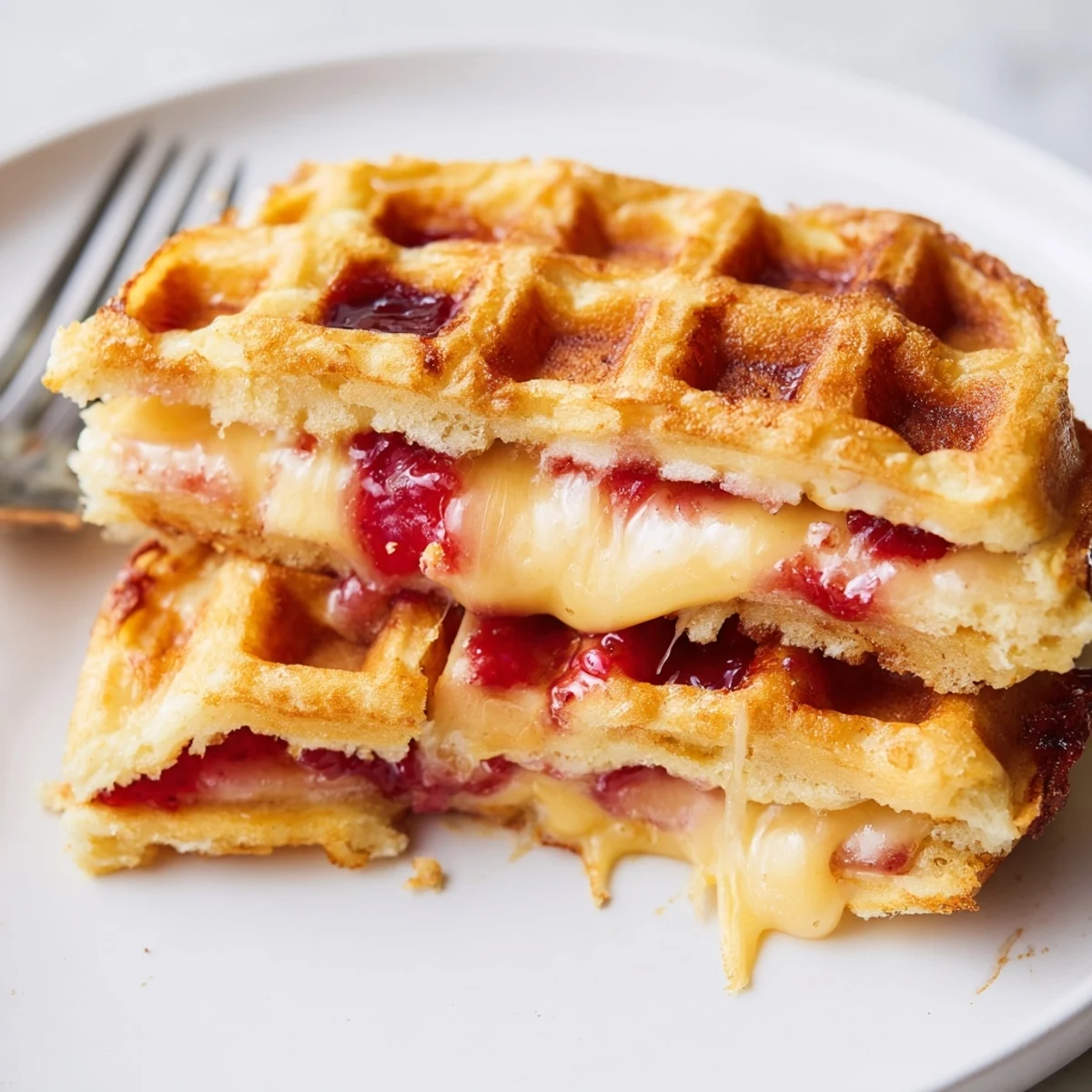 A close-up of a Sweet Waffle Grilled Cheese with crispy edges and a side of fresh raspberries.