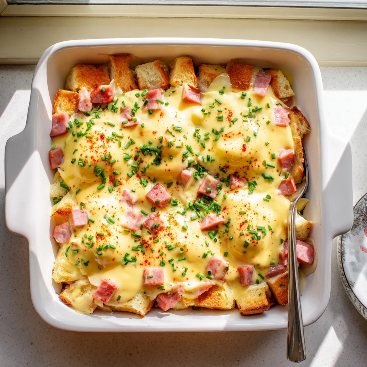 A photo of Overnight Eggs Benedict Casserole topped with chives and paprika on a white plate.