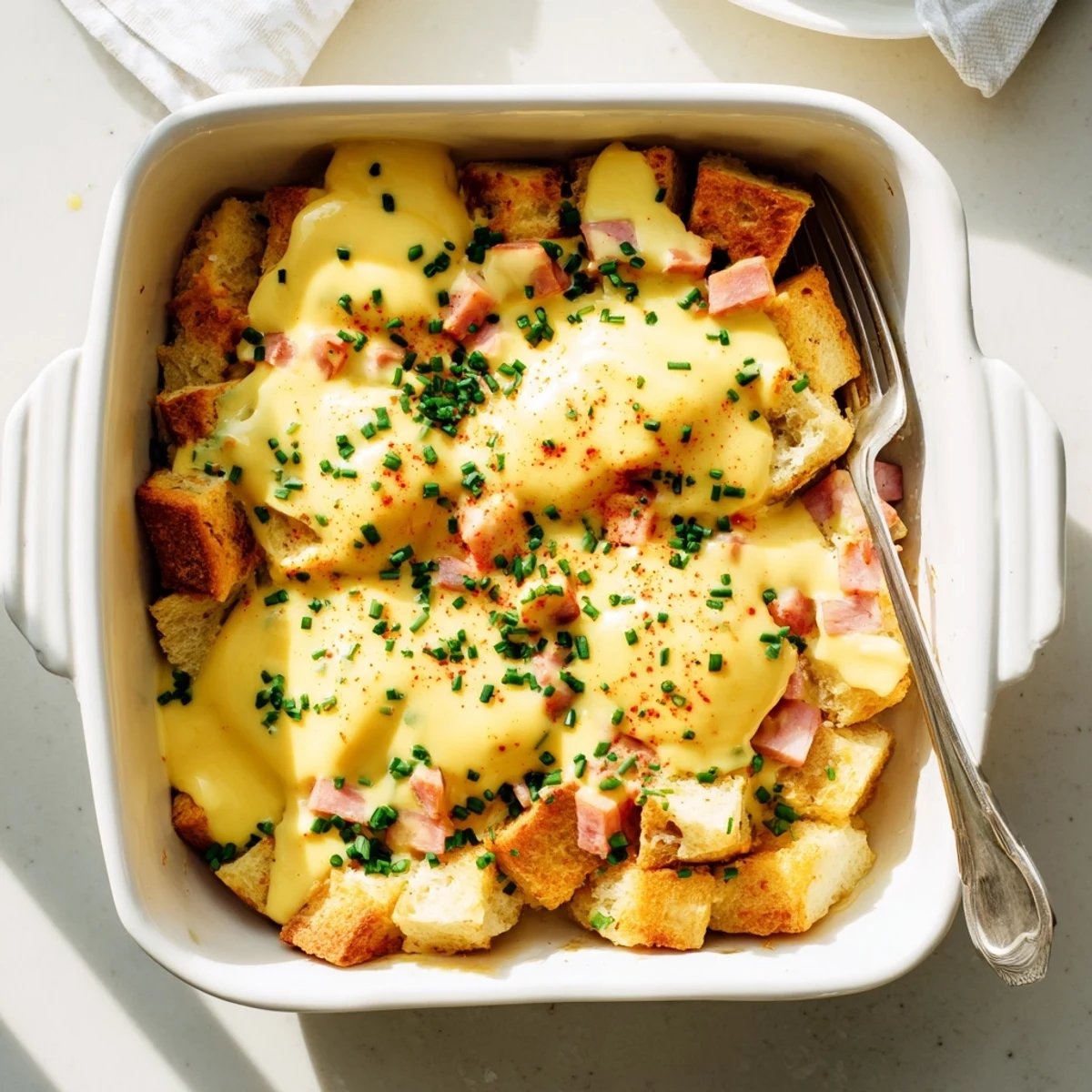 Slice of Overnight Eggs Benedict Casserole served with fresh fruit and a light salad for brunch.