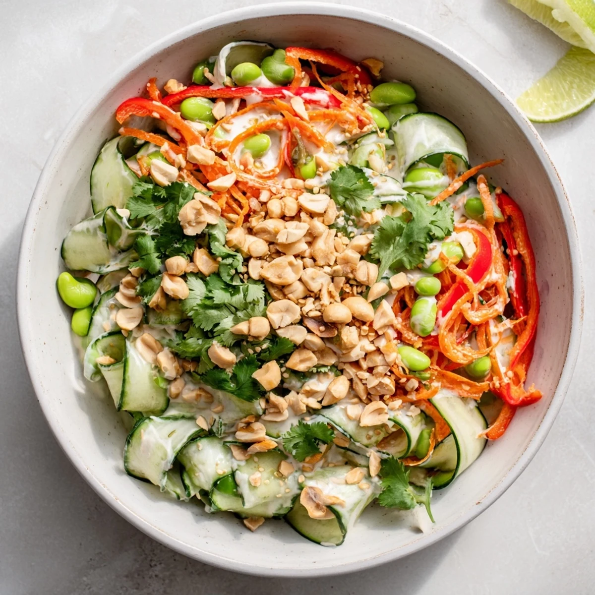 A close-up of the Creamy Asian Cucumber Bowl topped with sesame seeds and lime wedges for a zesty kick.