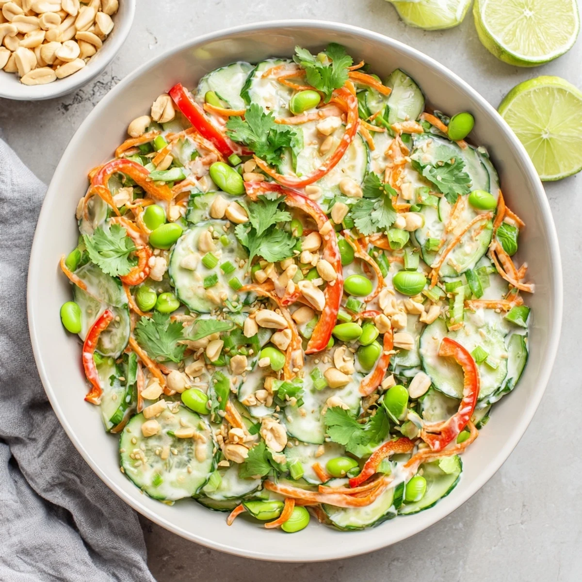 Overhead view of the refreshing Creamy Asian Cucumber Bowl with colorful edamame and carrots for a healthy lunch.