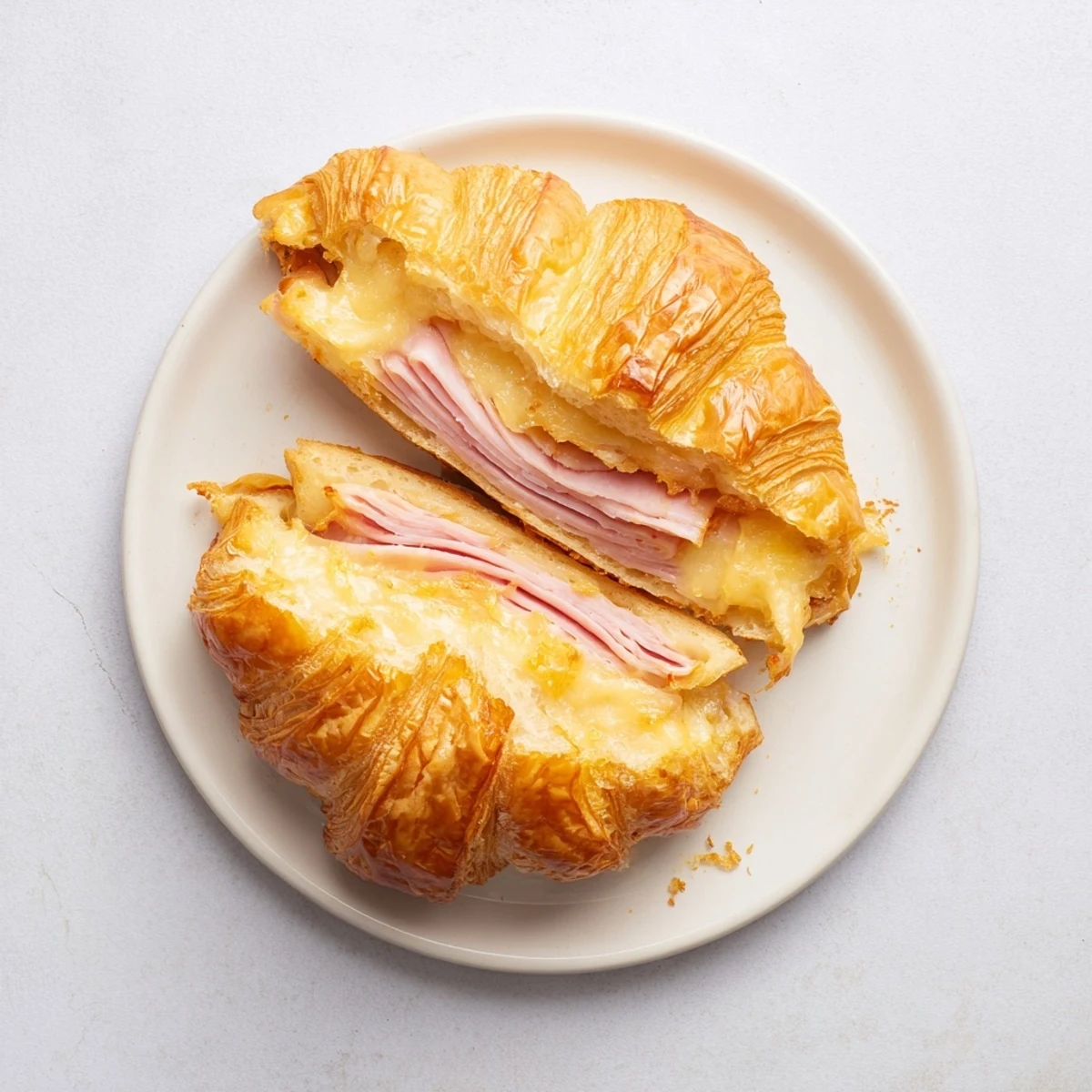 Golden, flaky Ham and Cheese Croissant with melted Swiss cheese and savory ham layered inside, baked to crisp perfection.