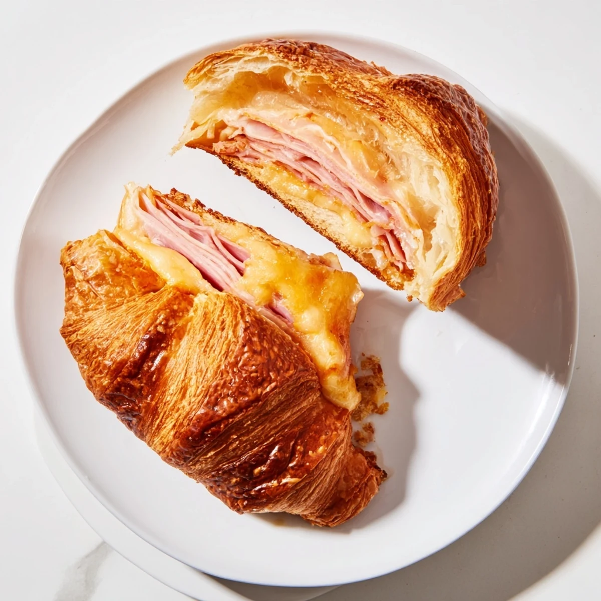 Freshly baked Ham and Cheese Croissant stuffed with ham and rich cheese, served warm on a rustic plate.