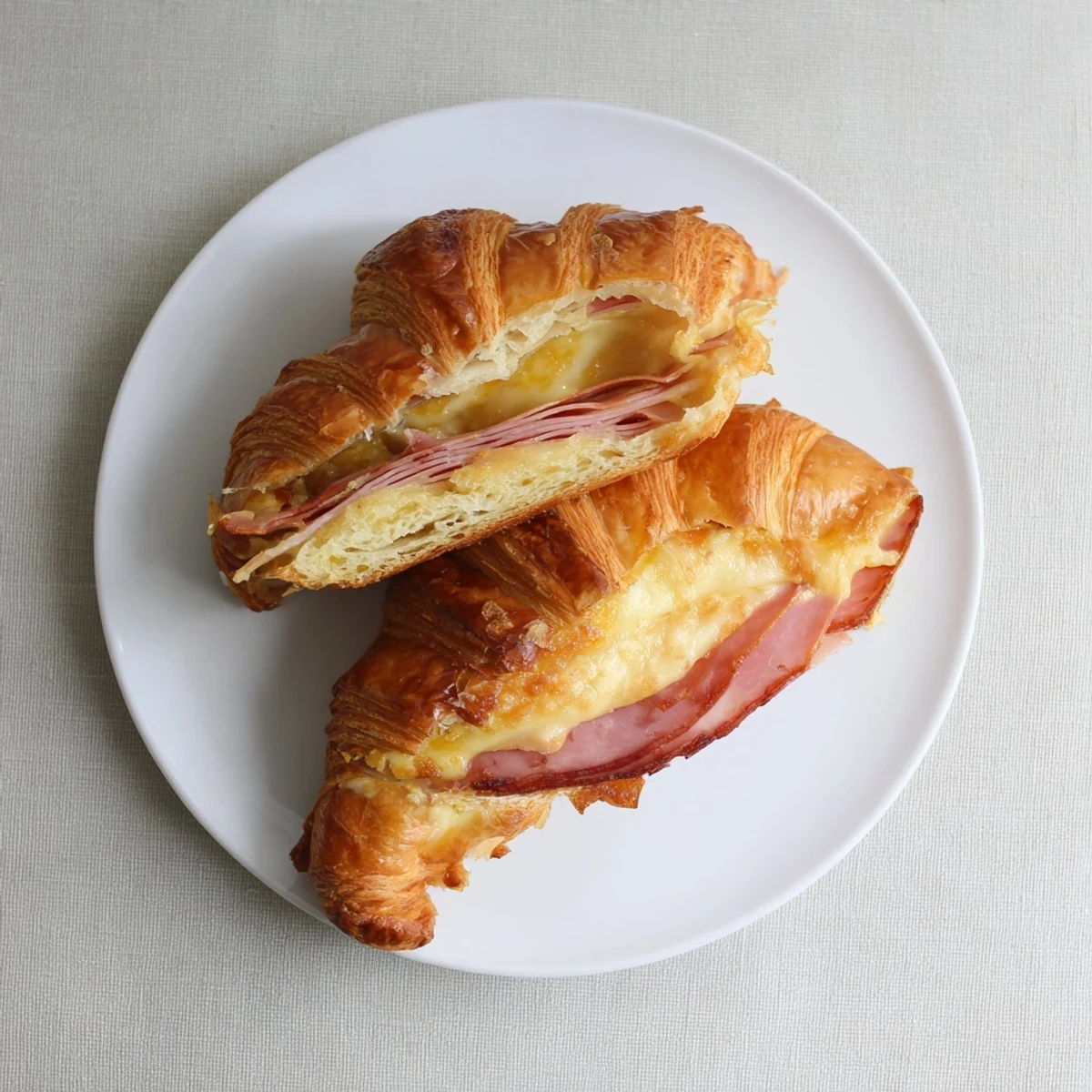 A warm Ham and Cheese Croissant with melty cheese, golden crust, and a side salad for a balanced brunch.