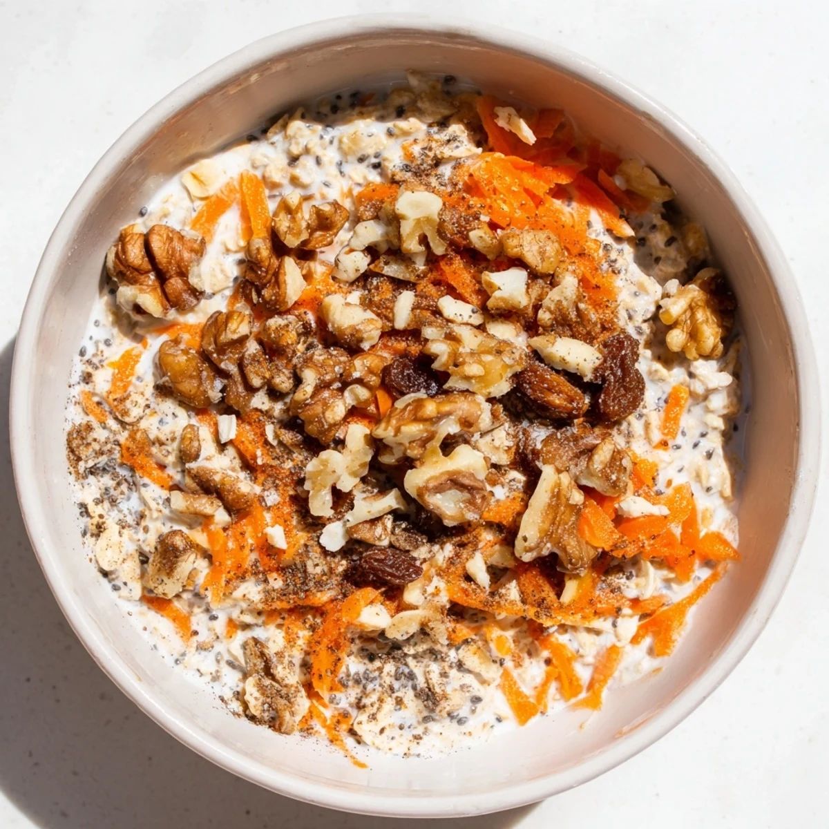 Creamy carrot cake overnight oats topped with walnuts and shredded coconut in a clear glass jar.