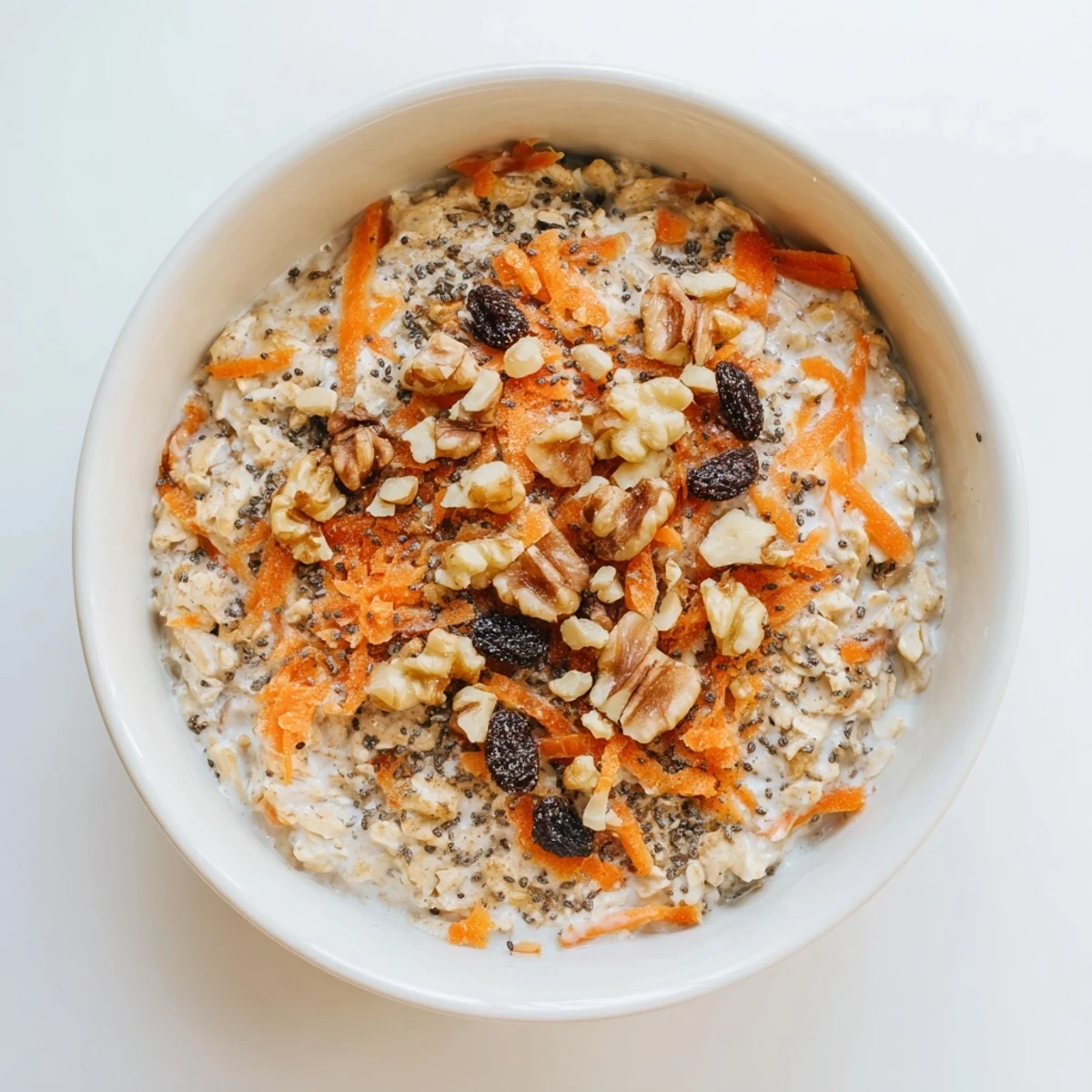 Carrot cake overnight oats layered with grated carrots and raisins served in a rustic ceramic bowl.