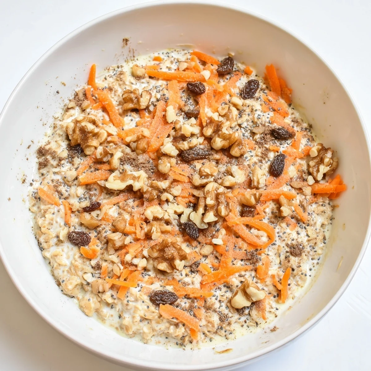 Spiced carrot cake overnight oats with Greek yogurt swirl and a drizzle of maple syrup.