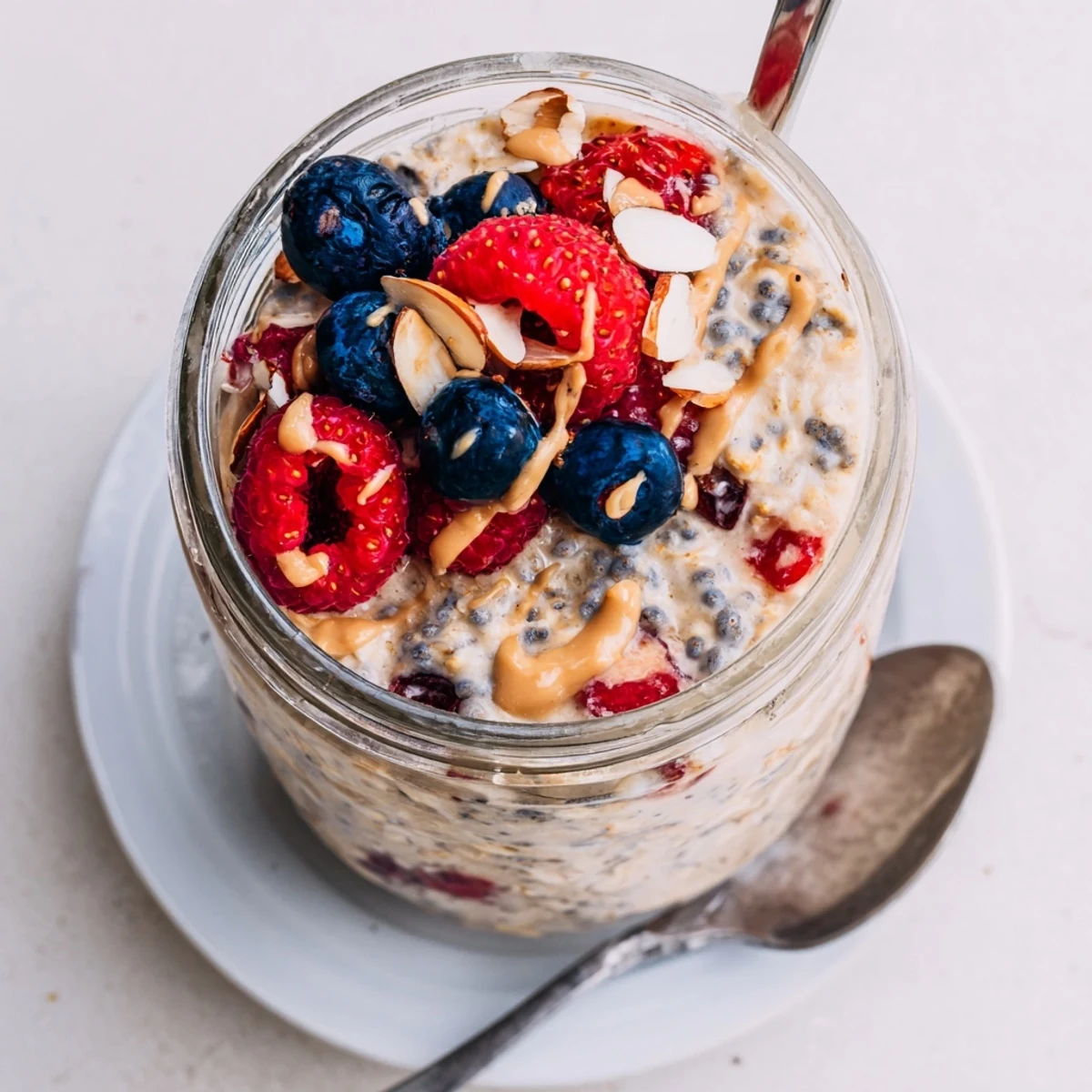 Berry Overnight Oats with Almond Butter topped with sliced almonds and fresh berries beside a spoon.  