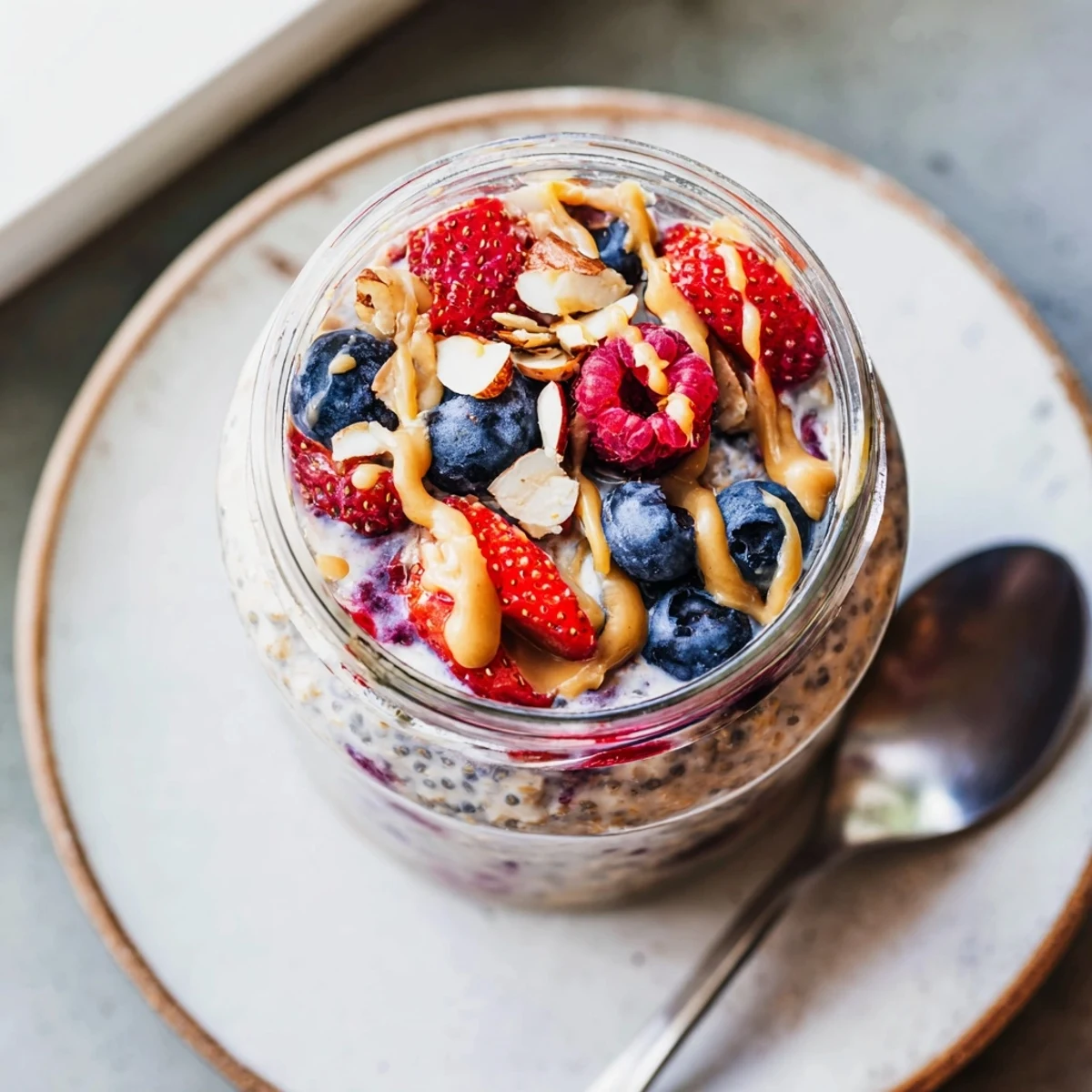 Creamy Berry Overnight Oats with Almond Butter layered with fresh berries and sliced almonds in a glass jar.  