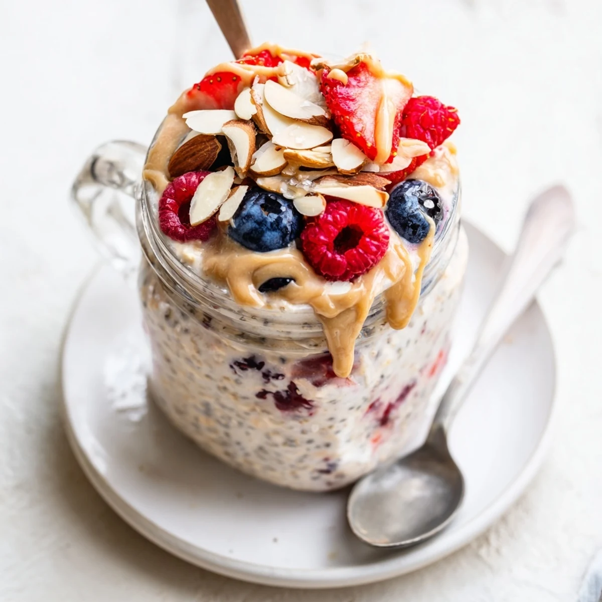 A spoon diving into Berry Overnight Oats with Almond Butter swirled with maple syrup and vanilla.