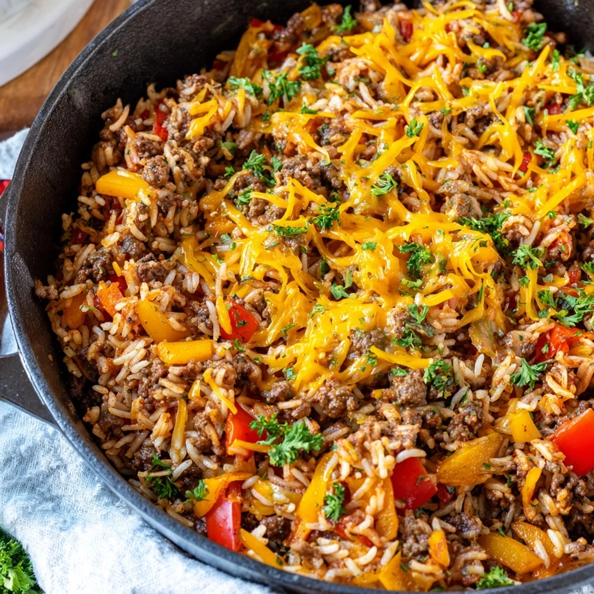 The hearty Unstuffed Pepper Skillet is served hot in a skillet alongside crusty bread for a family meal.