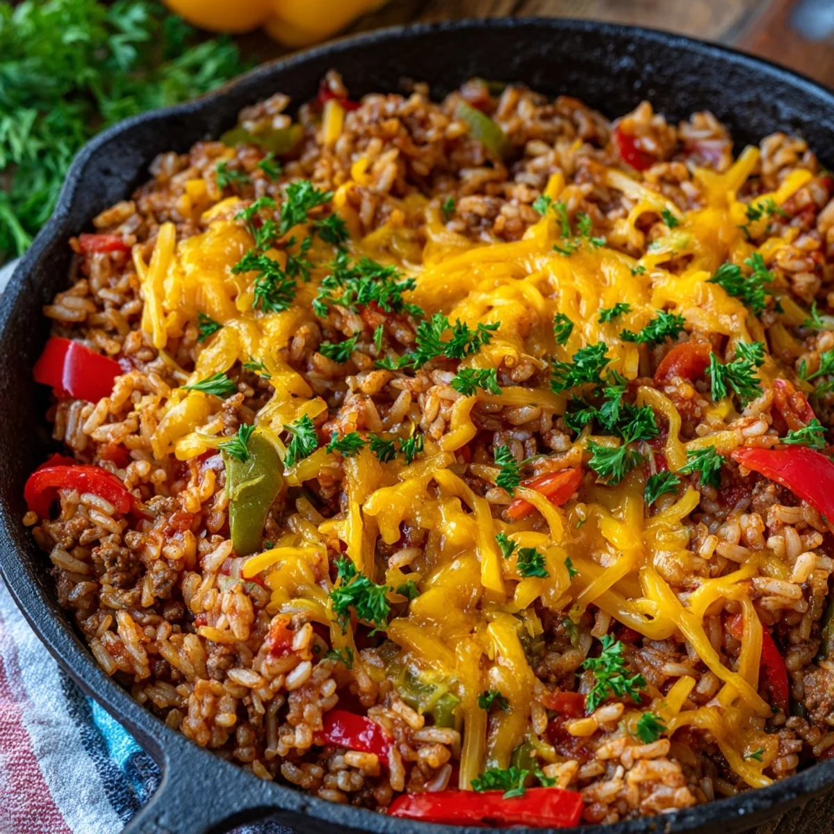 A close-up of the Unstuffed Pepper Skillet with melted mozzarella cheese and fresh parsley garnish.