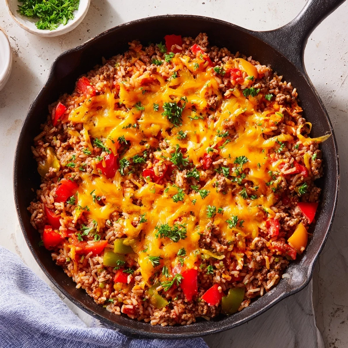 Steam rises from the Unstuffed Pepper Skillet revealing colorful diced bell peppers and savory ground beef mixture.