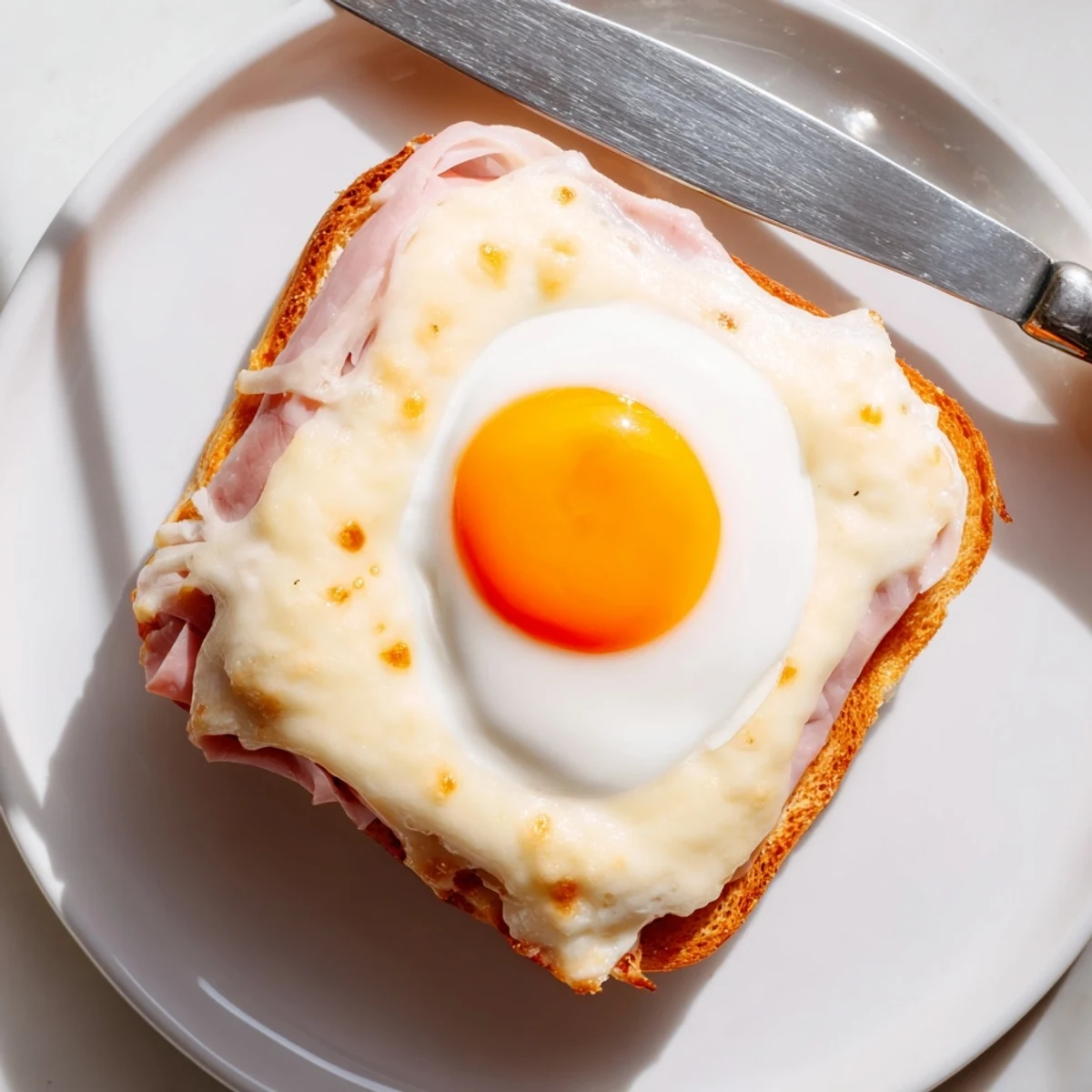 This Croque Madame features crispy toast layered with ham and melted cheese, finished with a sunny-side-up egg.