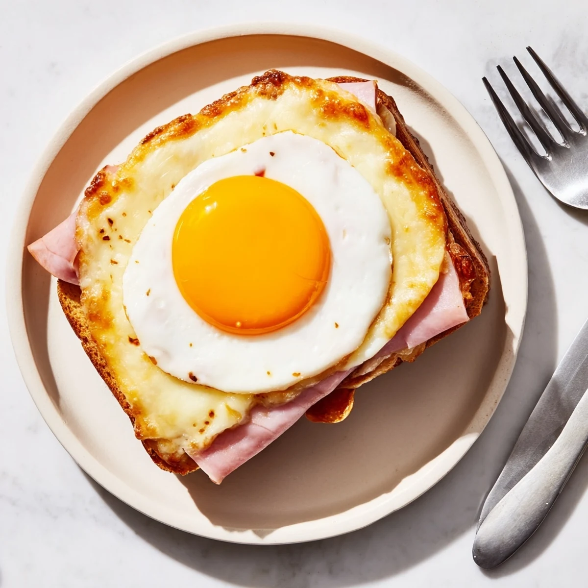 A golden Croque Madame sandwich topped with a runny yolk egg and creamy béchamel, served alongside a fresh salad.