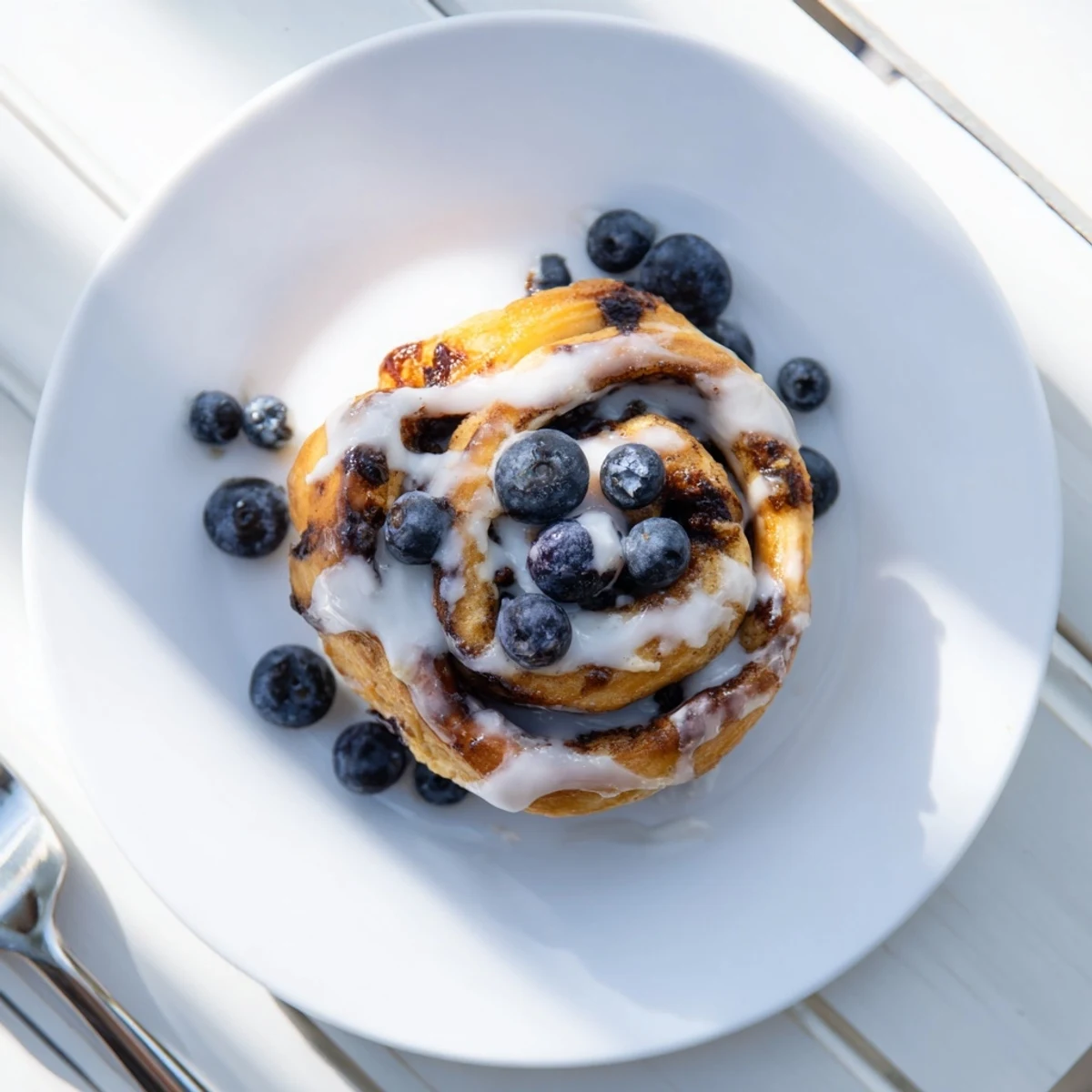 A close-up of Blueberry Cinnamon Rolls showing juicy blueberries swirled with cinnamon sugar filling on a rustic wooden table.