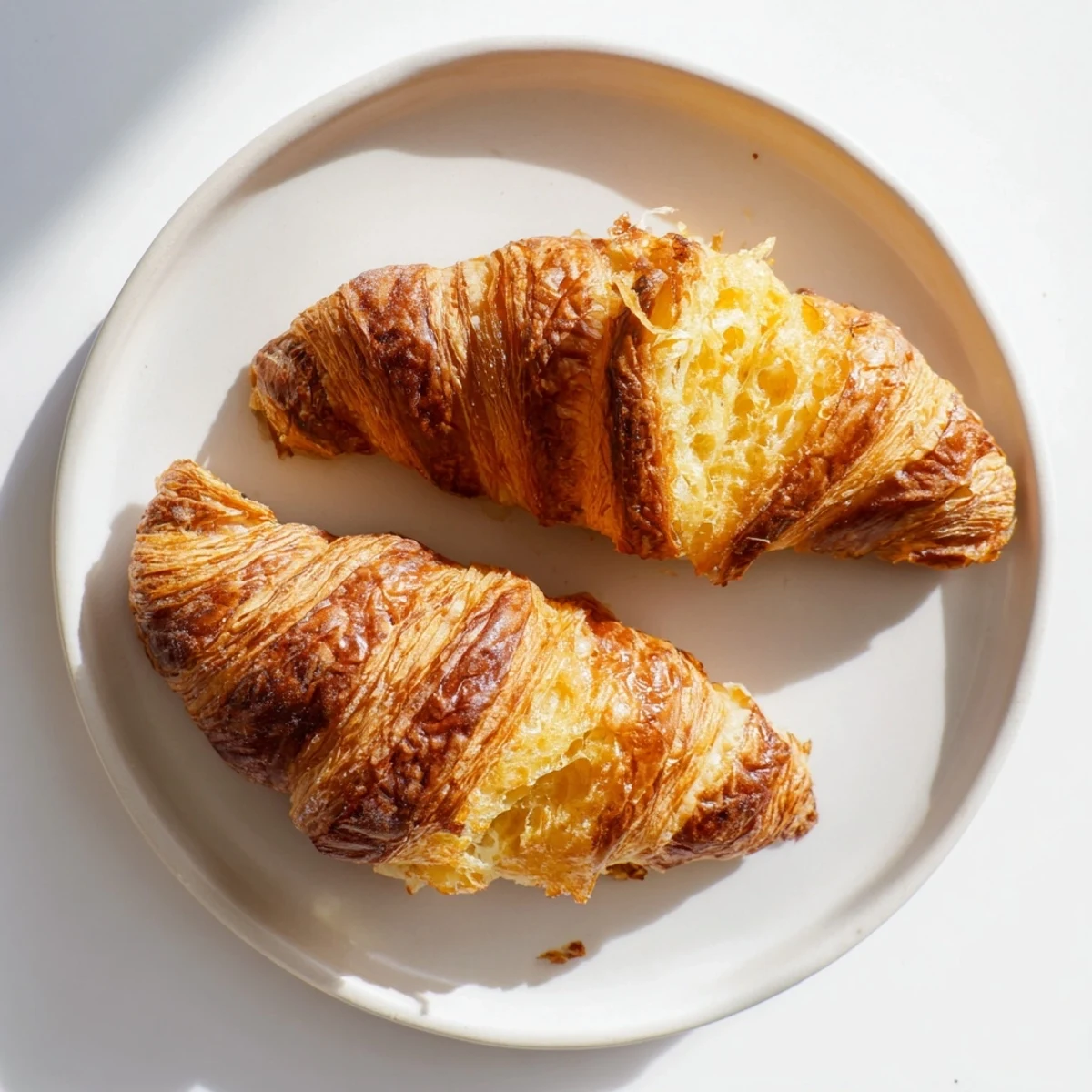 Freshly baked golden gluten-free croissants stacked on a wooden board, showcasing flaky, buttery layers.