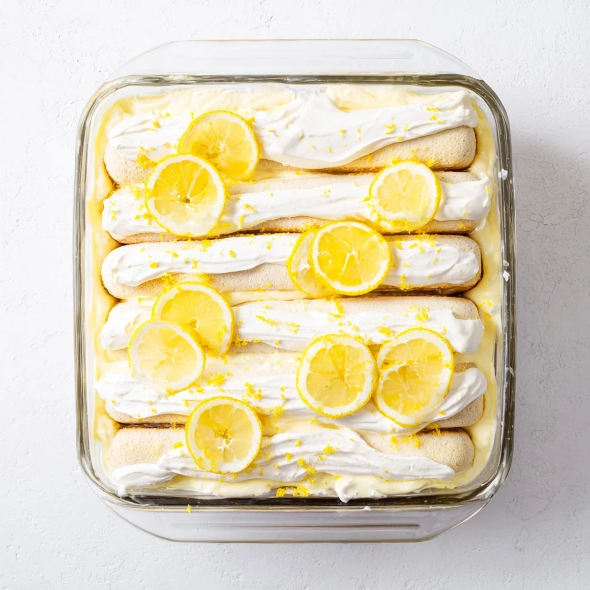 Close-up of creamy Lemon Limoncello Italian Tiramisu with bright zest and thin slices garnish.