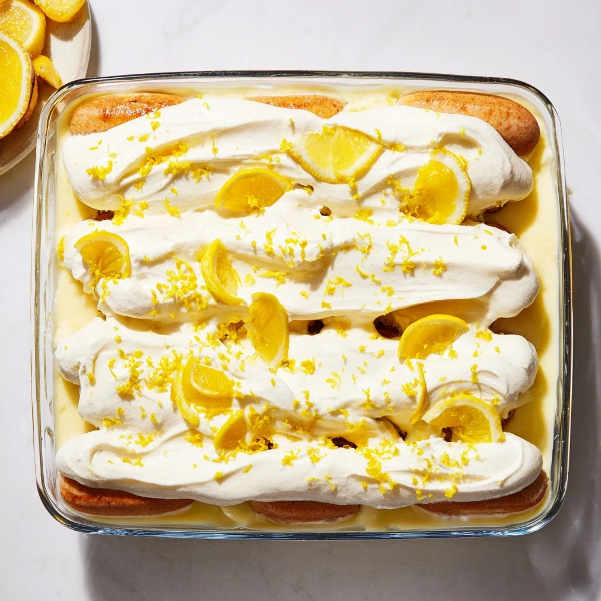 Overhead view of Lemon Limoncello Italian Tiramisu in a glass dish with ladyfingers and zest garnish.