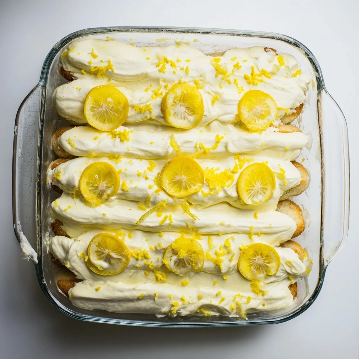 A chilled slice of Lemon Limoncello Italian Tiramisu showing layered mascarpone and lemon curd swirls.