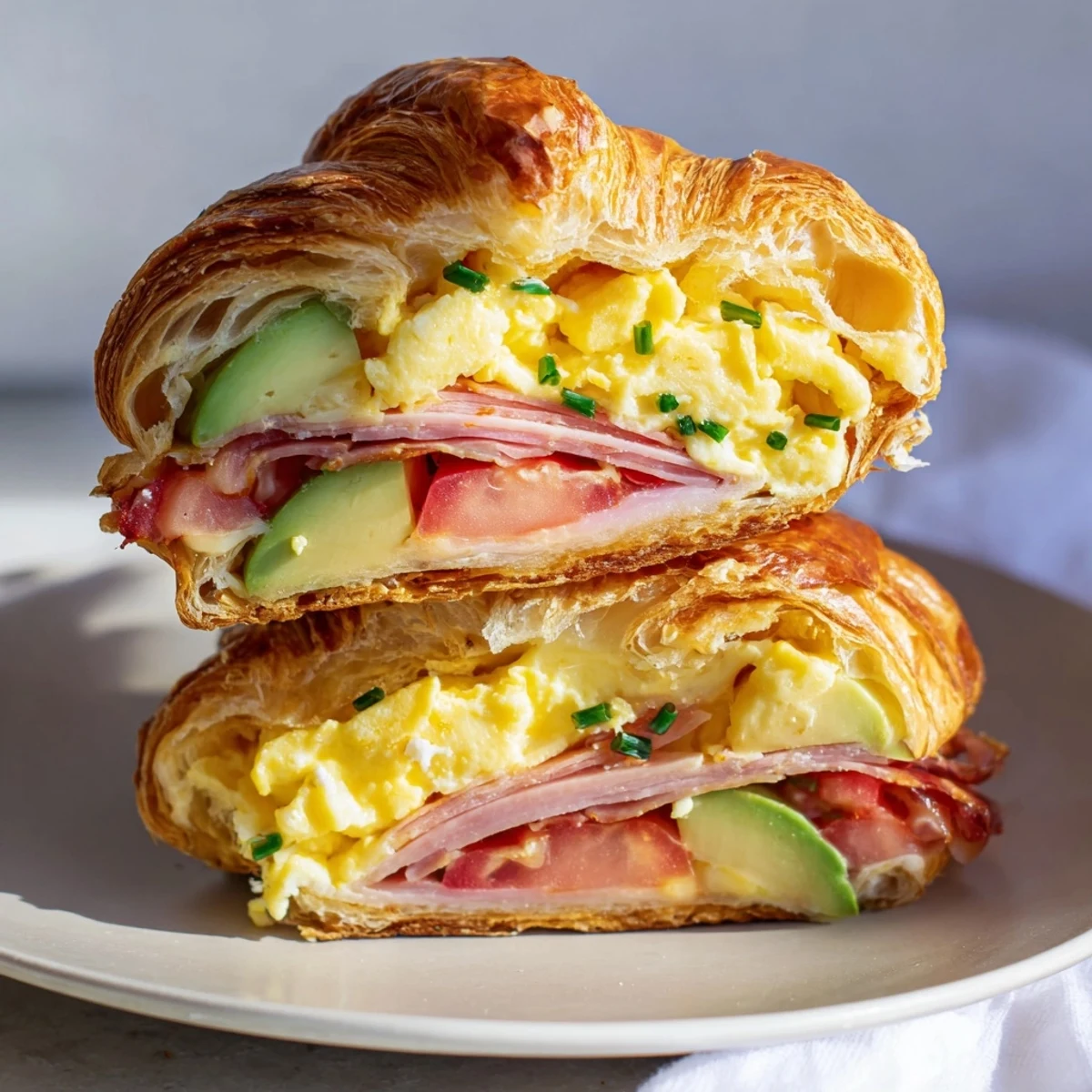 Golden-brown, flaky croissant breakfast sandwich layers melted Swiss cheese, fluffy scrambled eggs, and savory ham on a plate.