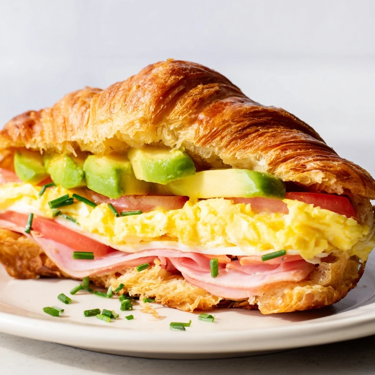 A warm flaky croissant breakfast sandwich with crisp edges, ripe avocado slices, and fresh chives garnish for serving.