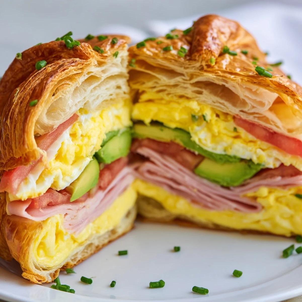 Close-up view of a flaky croissant breakfast sandwich showing juicy tomato, ham, and melted cheese, ready to enjoy.