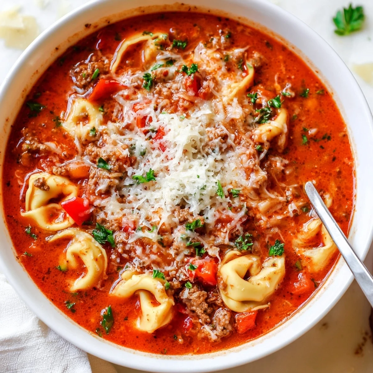Creamy Lasagna Soup with Tortellini features hearty sausage, melted mozzarella, and tender pasta, served steaming in a rustic bowl.