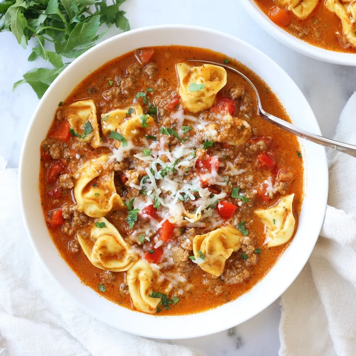 Golden cheese tortellini swims in a rich tomato broth with sausage crumbles and fresh basil garnish in this Lasagna Soup with Tortellini.