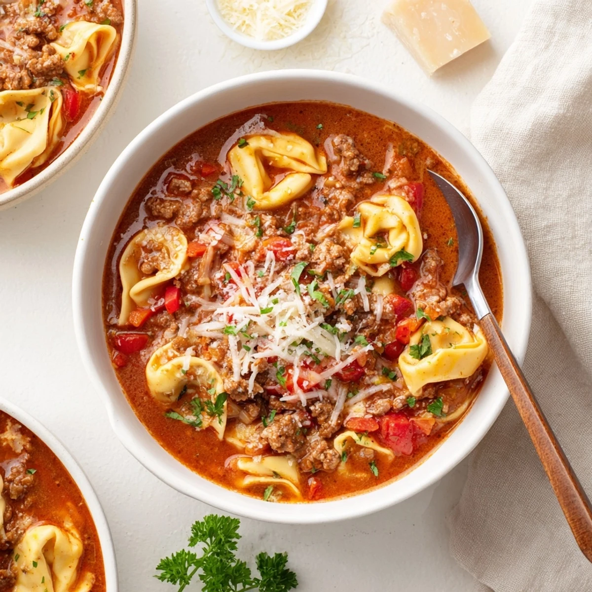 Hearty Lasagna Soup with Tortellini simmers with Italian sausage, tomatoes, and herbs, topped with Parmesan and fresh basil ready to serve.