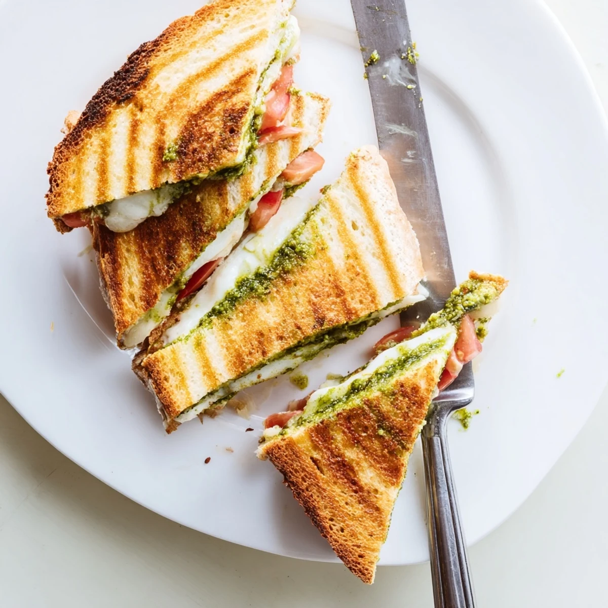 Warm and toasty Best Pesto Grilled Cheese with melted mozzarella and provolone on buttery sourdough bread.