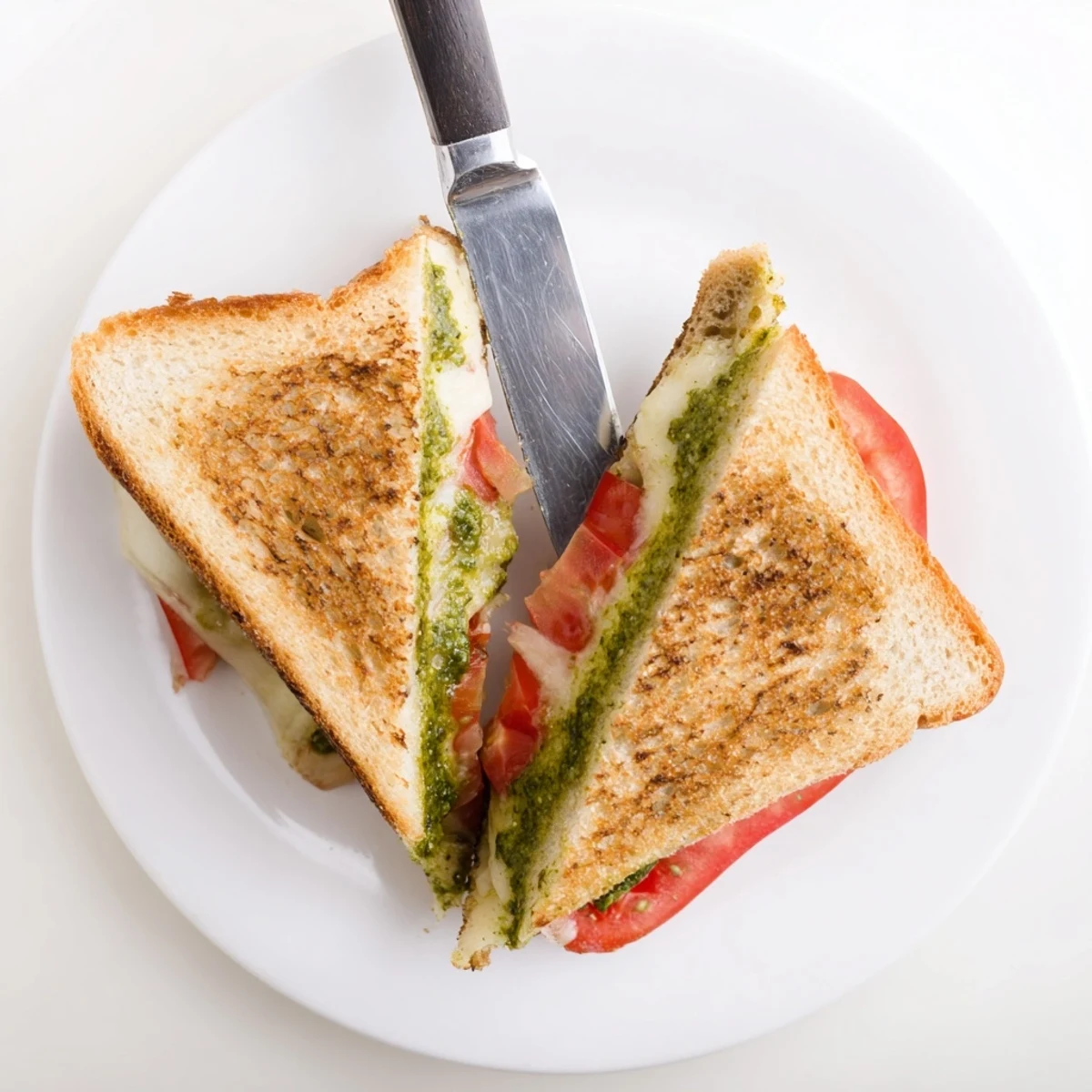 A golden grilled cheese sandwich with vibrant green pesto and gooey cheese, the Best Pesto Grilled Cheese.
