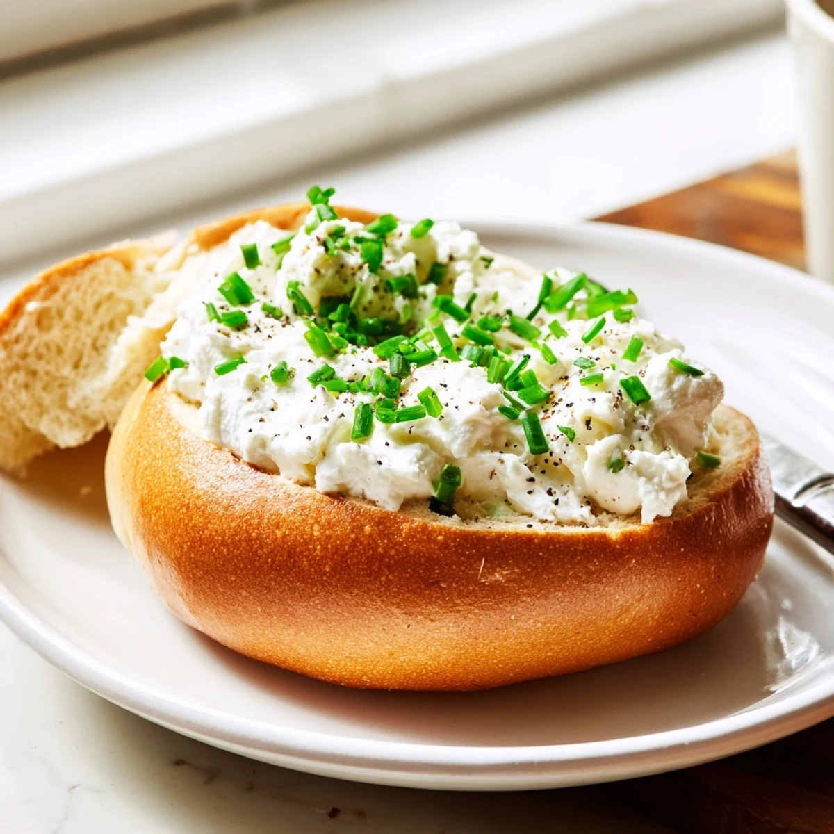 Golden-brown Protein Bagels with Cottage Cheese, still warm from the oven, topped with a creamy dollop of the fresh cheese mixture.