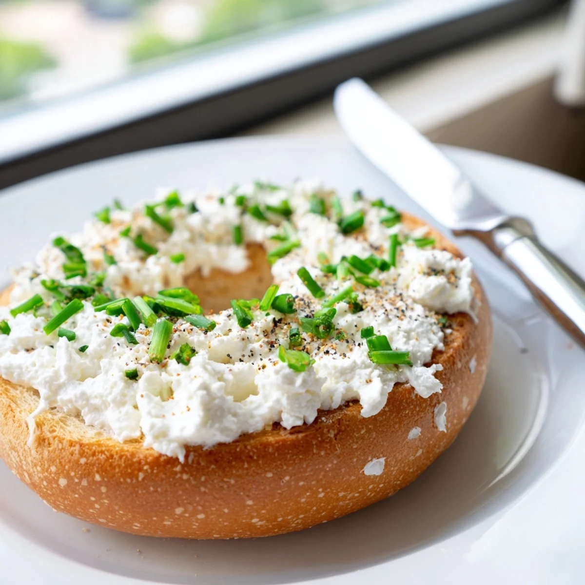 Freshly baked Protein Bagels with Cottage Cheese, a chewy high-protein breakfast topped with green chives and cracked black pepper.