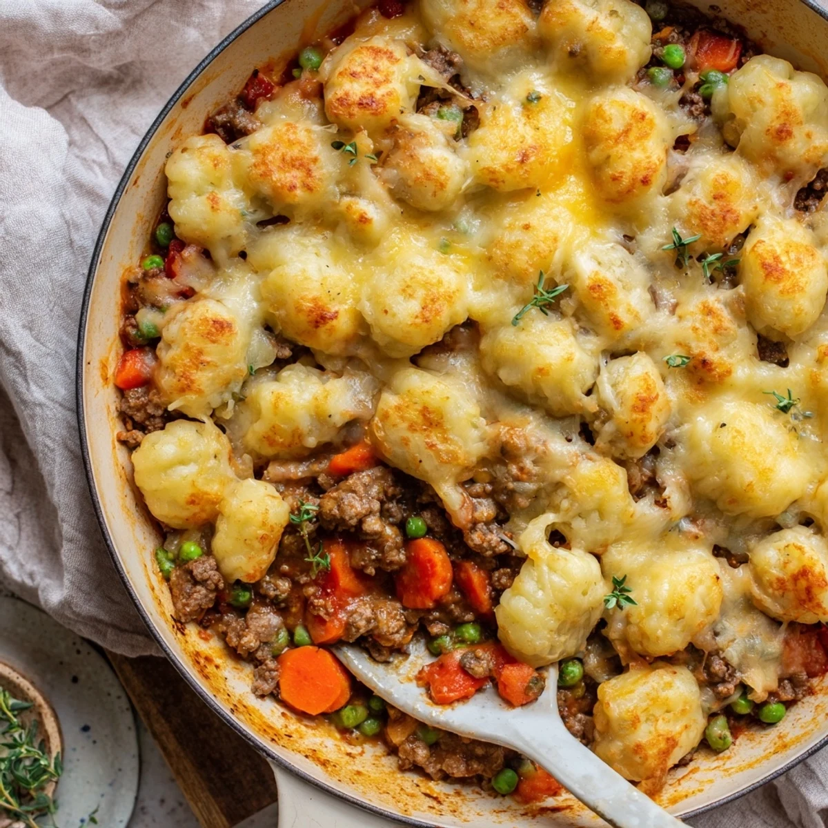 Golden-brown, bubbly cheese tops this comforting Quick Gnocchi Shepherds Pie with pillowy gnocchi and savory beef filling.