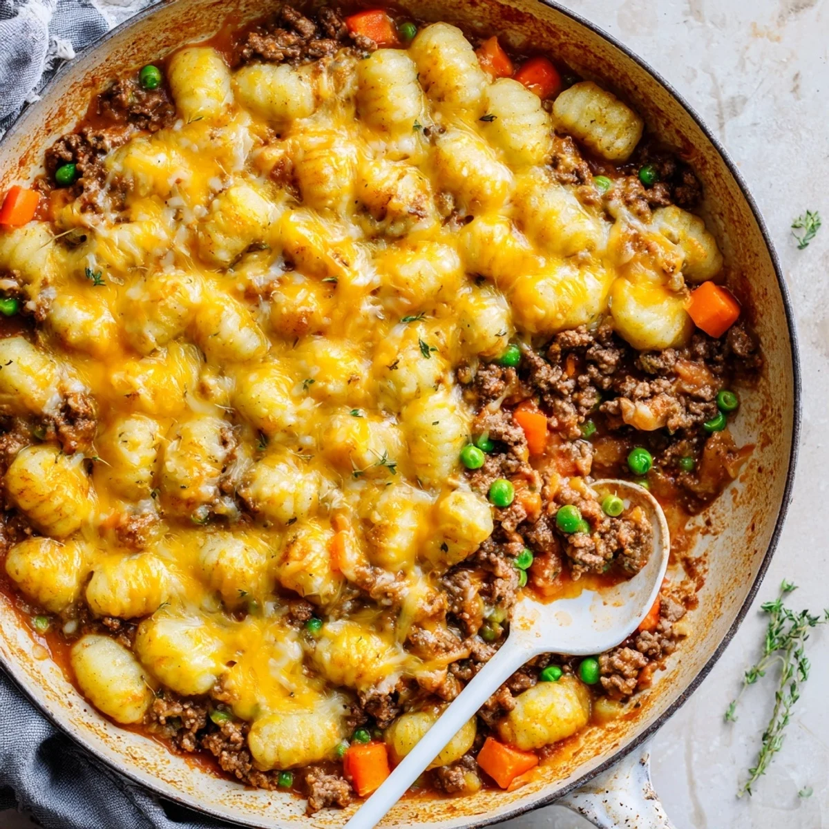 Serve this hearty Quick Gnocchi Shepherds Pie with a fork digging into the cheesy topping and meaty layers.
