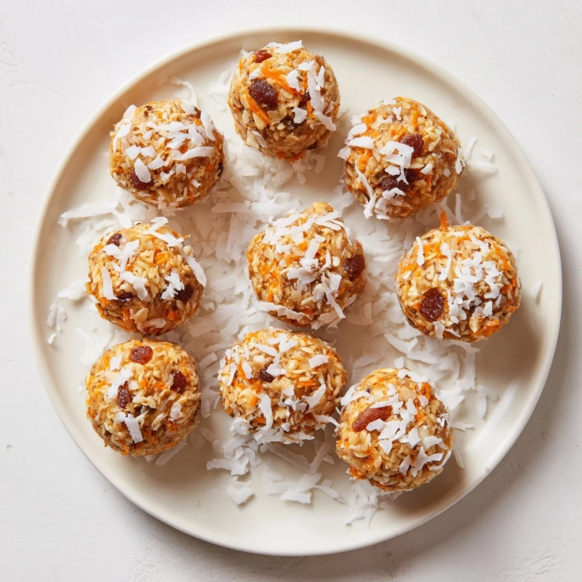 Freshly rolled No Bake Carrot Cake Bites sit on a plate with shredded carrots and walnuts nearby.