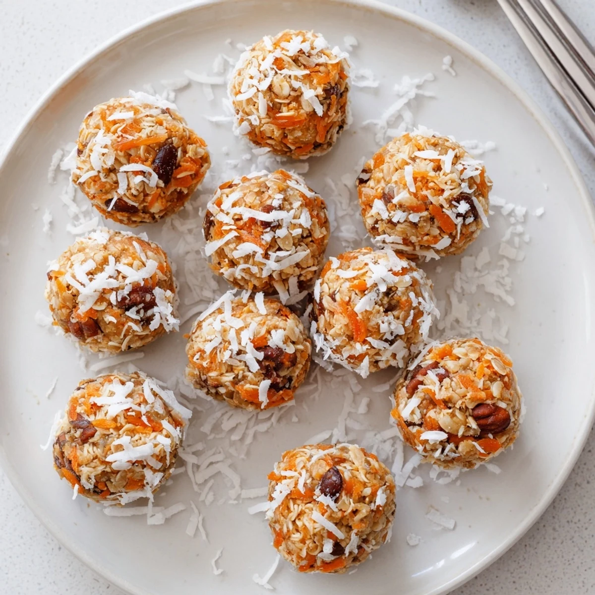 No Bake Carrot Cake Bites are arranged in a serving bowl with a cold milk glass.