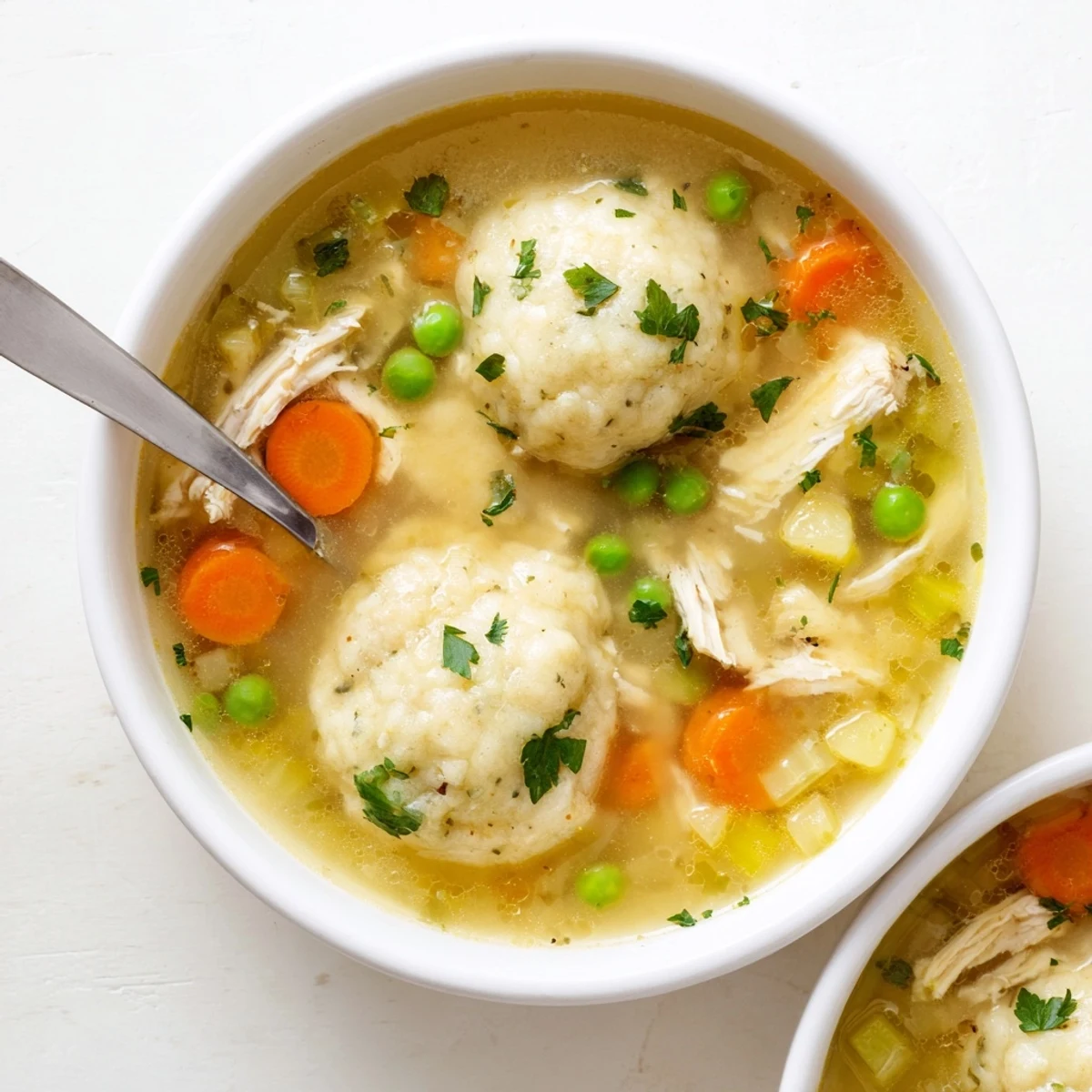 A steaming bowl of One Pot Chicken Dumpling Soup with tender chicken, fluffy dumplings, and fresh parsley garnish.