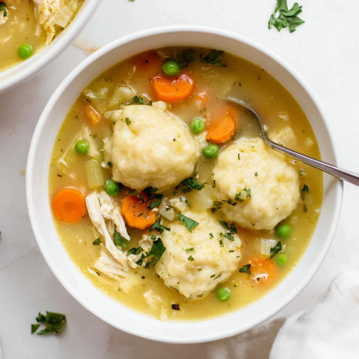 Close-up of One Pot Chicken Dumpling Soup, featuring soft dumplings and shredded chicken in a rich broth.
