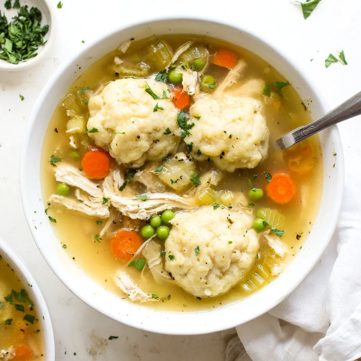 Serving hot One Pot Chicken Dumpling Soup, a comforting American main dish with chicken broth and veggies.