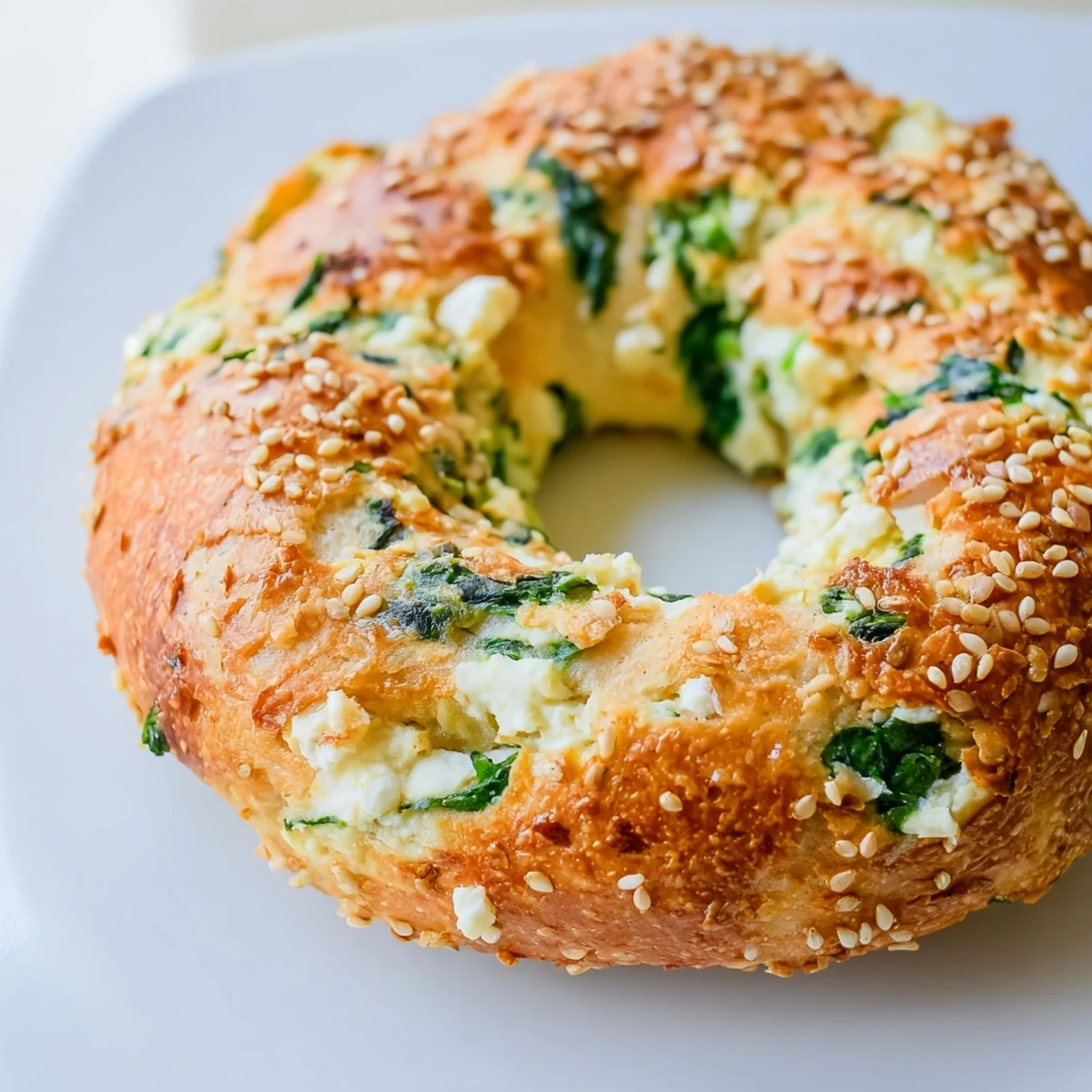 Crumbly Spinach Cottage Cheese Flagels sliced open to reveal the moist, green-flecked interior, stacked on a cooling rack in a sunlit American kitchen.