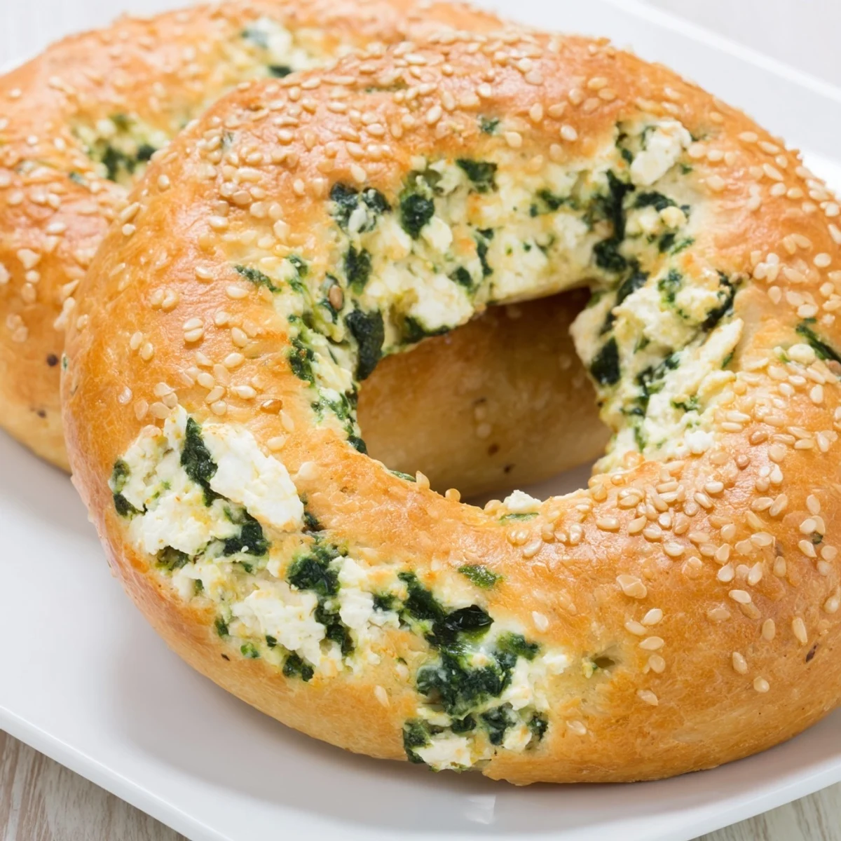 Golden-brown, flat Spinach Cottage Cheese Flagels fresh from the oven, studded with green spinach flecks, served on a wooden board with butter and jam.