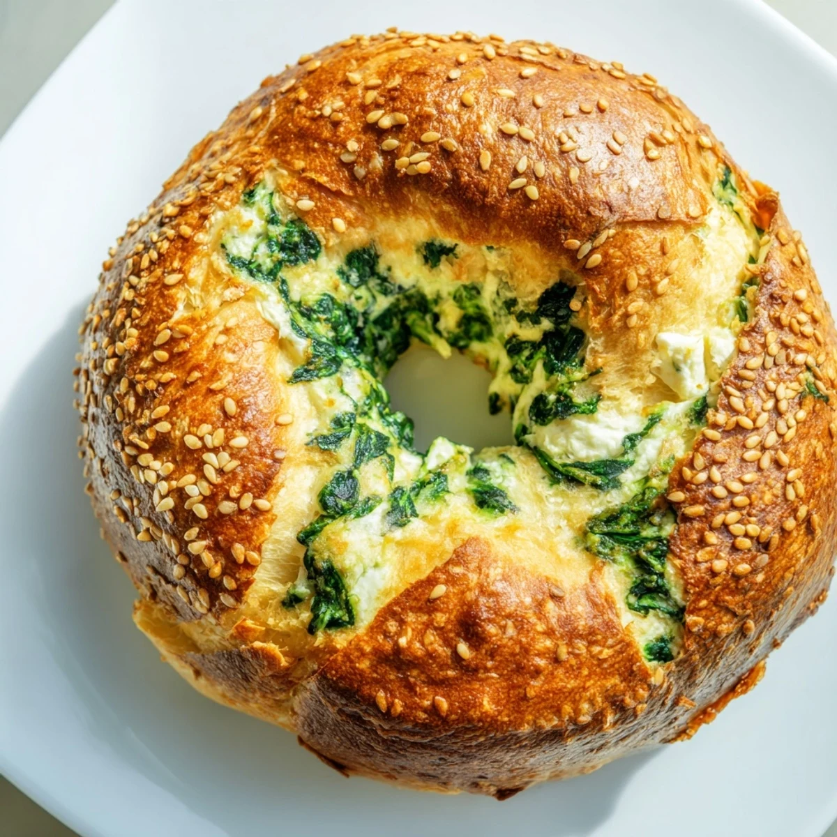 Warm Spinach Cottage Cheese Flagels brushed with egg wash and sesame seeds, ready to be served toasted with cream cheese and sliced tomatoes for breakfast.