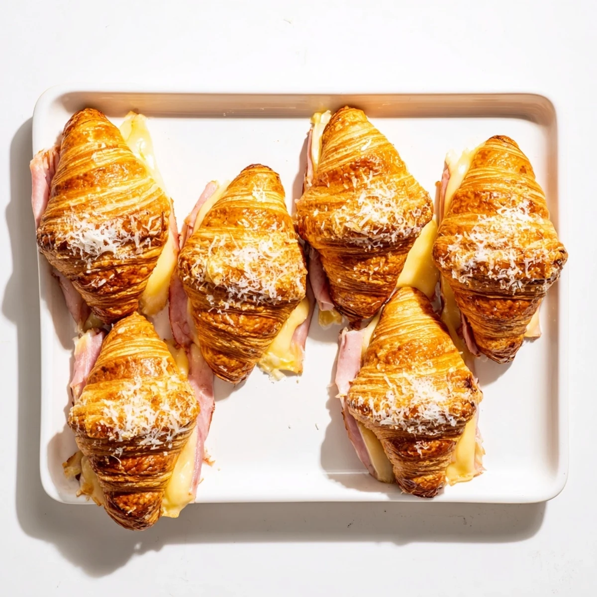 Golden Stuffed Croissants with melted Swiss cheese and ham on a plate with fresh chives.