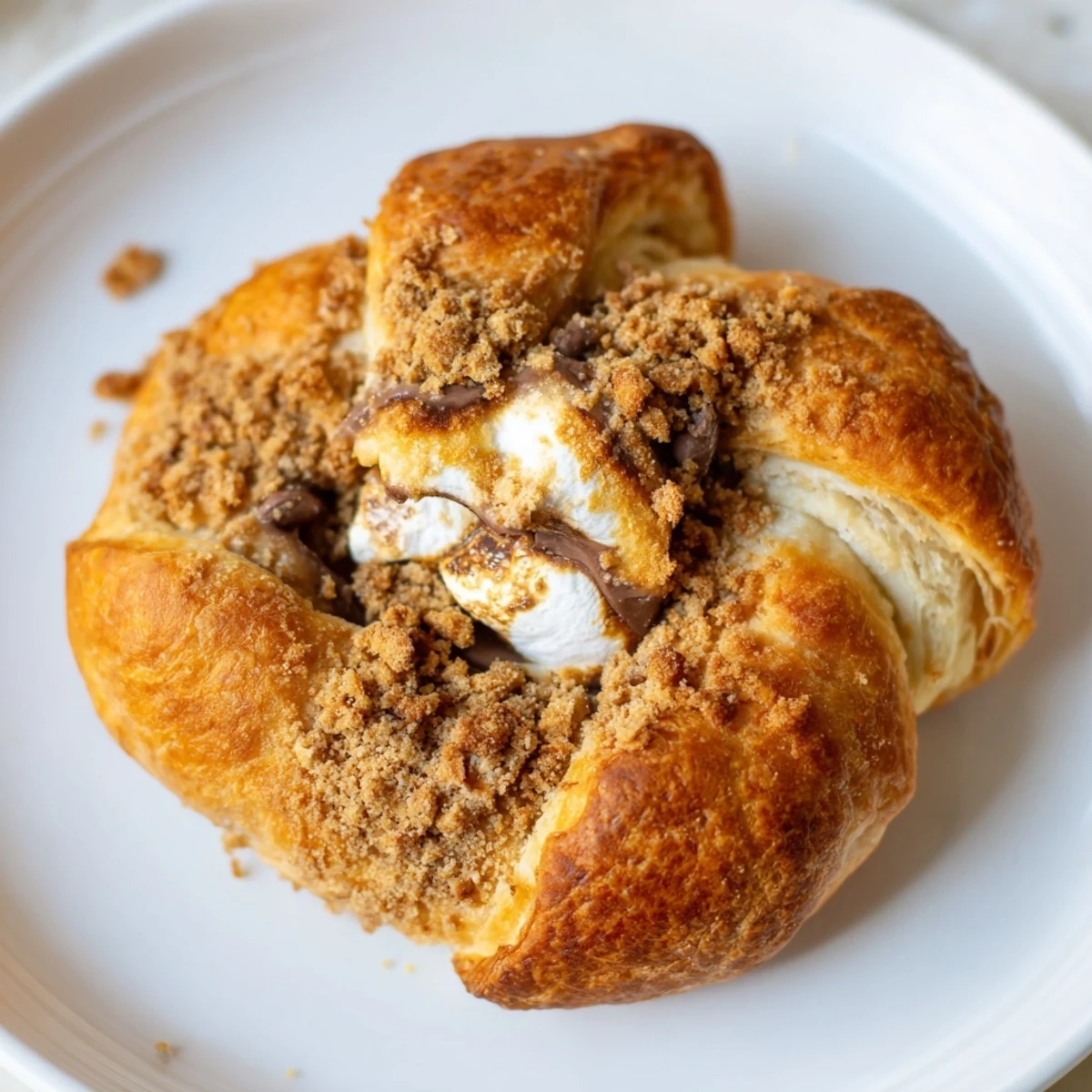 Warm Smores Crescent Rolls dusted with crunchy graham cracker crumbs on a cozy baking sheet.