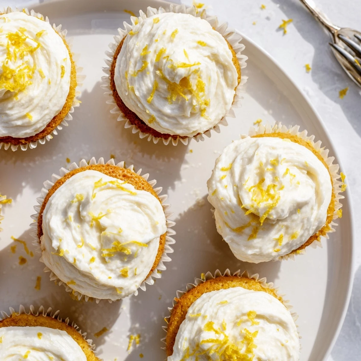 Golden-brown Limoncello cupcakes topped with swirls of frosting and a garnish of lemon zest slices.