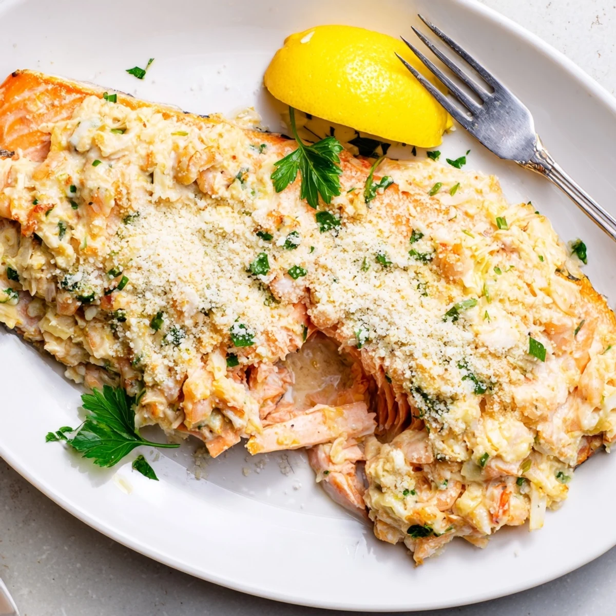 Perfectly baked Crab & Shrimp Stuffed Salmon fillets with golden, cheesy tops and lemon wedges ready to serve.