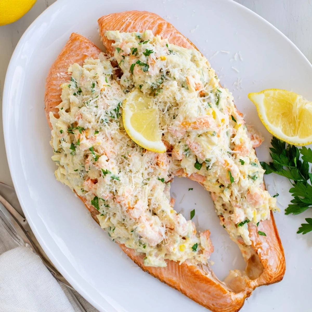 Juicy Crab & Shrimp Stuffed Salmon fillet flaking open to reveal a creamy, savory seafood filling inside.