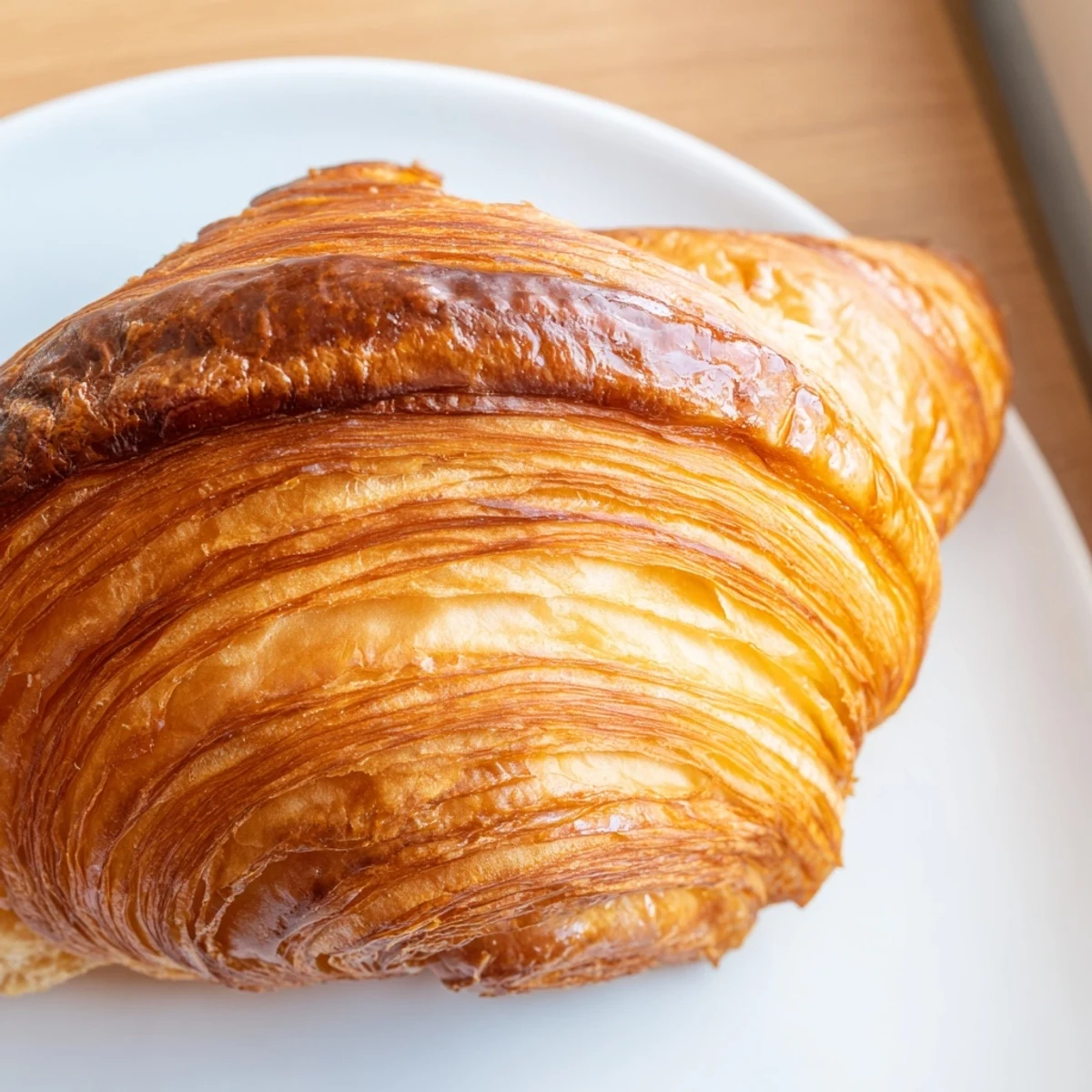 Freshly baked gluten-free croissants with golden, flaky layers on a rustic wooden board.